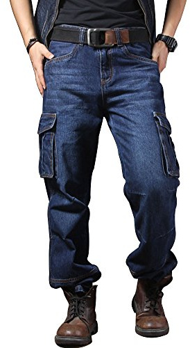 Idopy Casual Motorcycle Workwear Multi Pockets Denim Biker Cargo Jeans Pants (W36, Blue)