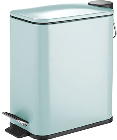mDesign Slim Metal Rectangle 1.3 Gallon/5 Liter Trash Can with Step Pedal, Easy-Close Lid, Removable Liner - Narrow Wastebasket Garbage Container Bin for Bathroom, Bedroom, Kitchen - Matte Mint Green