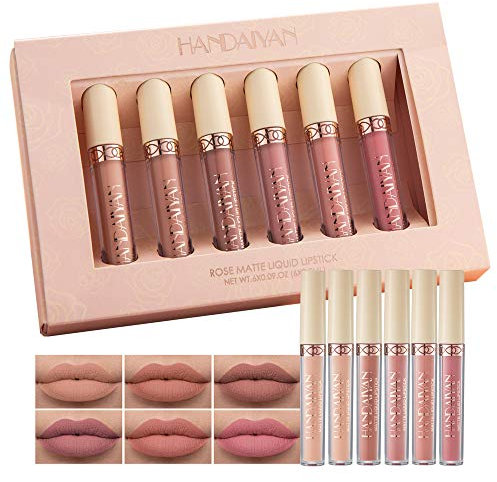 GL-Turelifes 6 Stück Rose Matte Lipsticks Samtiger flüssiger Lippenstift Set Wasserdicht Langlebiger Lipgloss Antihaftbecher Nude Colors Lip Glaze mit Geschenkbox (Set B)