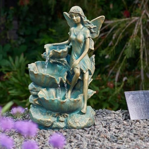 Garden Mile Solar Fairy Water Fountain - Leaf Design Resin Ornament Statue - Hand Painted Solar Powered Outdoor Water Feature for Patio, Yard & Fairy Decor