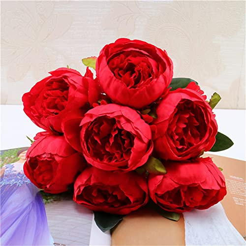 ABCWARRT Künstlicher Pfingstrosen-Blumenstrauß Aus Seide Dekoration 7 Köpfe Rosa, Blau Rot Weiß Künstliche Gefälschte Pfingstrosen Heimdekoration (Rot)