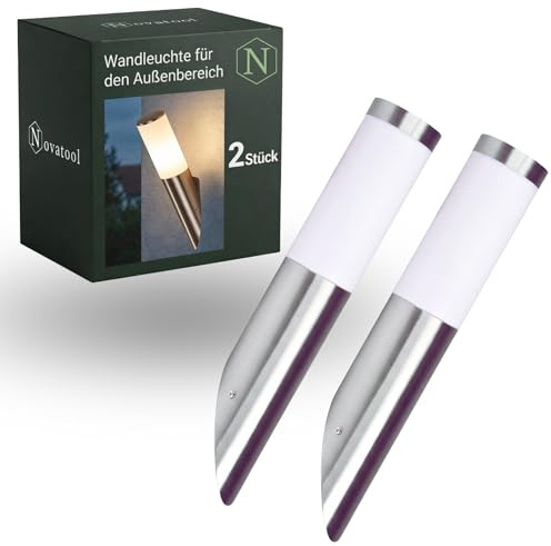 Novatool 2x Wandleuchte Aussen schräg Edelstahl mit und ohne Bewegungsmelder I IP44 I E27 Sockel I Ø7x8H36 cm I Außenlampe Balkon Außenleuchte Außenbeleuchtung Haus Wandleuchte Aussenbeleuchtung