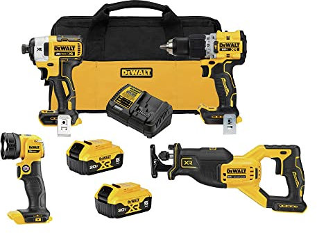 DEWALT Kit combinado de herramientas eléctricas MAX XR de 20 V, taladro percutor, destornillador de impacto, sierra alternante y luz de trabajo, 4 herramientas (DCK449P2)