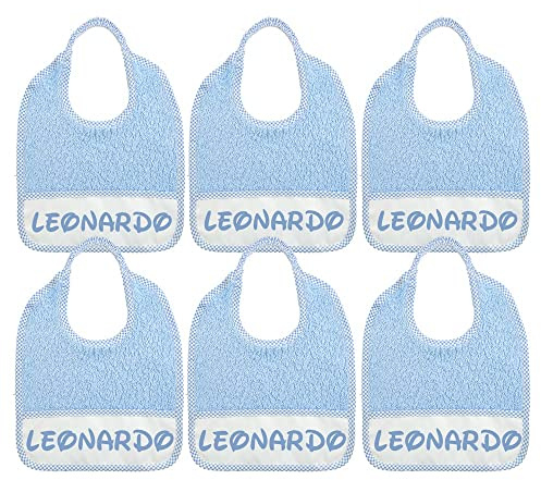 ALMATEX SRL 6 baberos personalizados con nombre, tamaño 24 x 27 cm, de rizo con elástico y bolsillo recogemigas personalizado con nombre, 100% algodón, fabricado en Italia, azul claro, cm.24x27