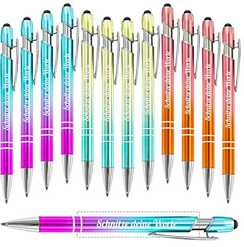 Bis zu 300 Kugelschreiber, kostenloser personalisierter Kugelschreiber, mit Stylus-Kappe, gravierter mit Namenstext, individuelle Geschenkstifte für Unternehmen, schwarze Tinte – 12 Stück