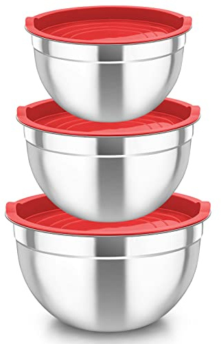 TEAMFAR Rührschüssel mit Deckel, Edelstahl Schüssel Salatschüssel 3er Set - 4,5L / 2,5 L / 1,5 L, Schüsselset perfekt für Backen/Vorbereiten/Servieren, Spülmaschinenfest, Rot