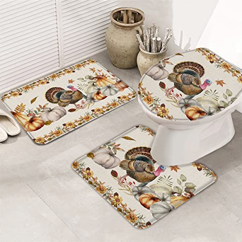 Alfombrillas De Baño Conjuntos 3 Piezas Calabazas De Otoño De La Granja del Día De Acción De Gracias Alfombra De Baño De Secado Rápido Suave Alfombras De Baño para Ducha, Dormitorio, Bañera