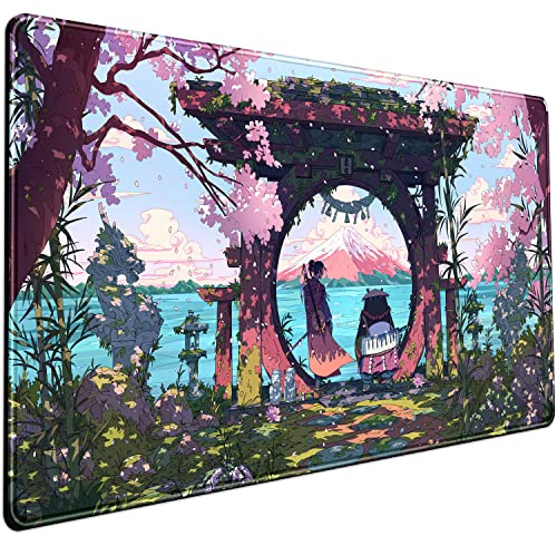 Rosa Japan Schreibtischunterlage Anime Gaming Grün Mauspad Großes Mauspad für Schreibtisch Computer PC Laptop Büro Dekor für Frauen Anime Maus Tastatur Pad Genähte Kanten rutschfeste Gummimatte