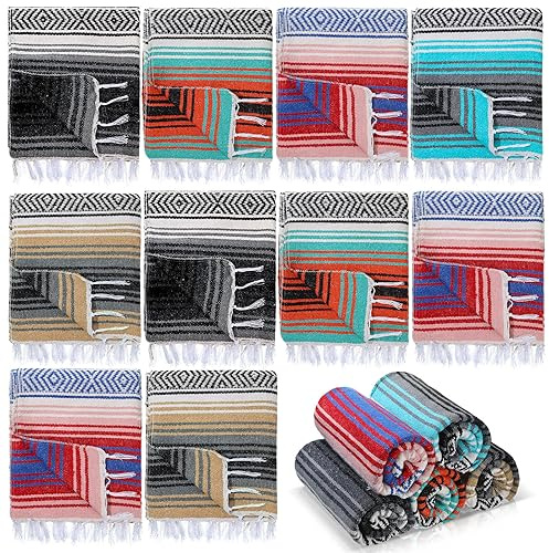 Preboun 10 Pieces Mexican Blanket Bulk Authentic Woven Yoga Blanket Large Picnic Camping Rug Colorful Striped Serape for Beach Outdoor Grass Car Home(Multi Color)