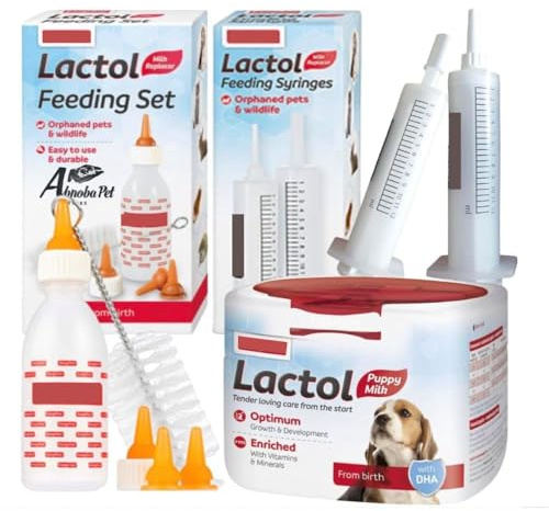 Puppy Feeding Set - 250g Lactol Puppy Milk Replacer + Feeding Bottle, cleaning brush, replacement teats, 2 Syringes different sizes - Newborn Nursing & Hand-Rearing Kit - Suitable From Birth