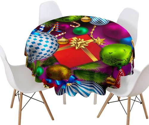 Lukery Tischdecke Abwaschbar Gartentischdecke, Tischdecke Rund Tischdecken 3D Weihnachten Tischtuch Outdoor Indoor, Tisch Schutz für Weihnachtsfeier (Bunte Kugeln,Durchmesser 150cm)