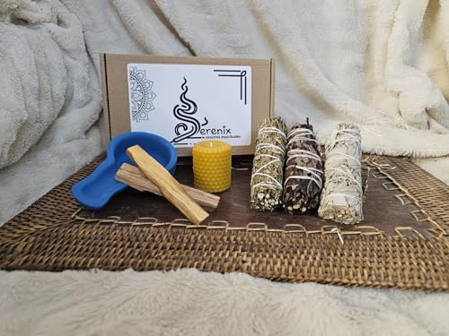 SERENIX - Pack Sahumerios - 2 Palo Santo -Atadillos de Salvia Blanca - Yerba Santa Negra - Ruda - Vela Miel - Cazuela Defumación - Purificación - Limpieza - Espiritual (Pack Purificación)