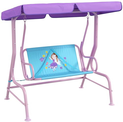 Outsunny 2 Seat Kids Swing Chair Adjustable Canopy for Ages 3-6 Years Blue | Fairy Themed, Double Kids Garden Swing Bench, Safety Belts, Patio Park Porch