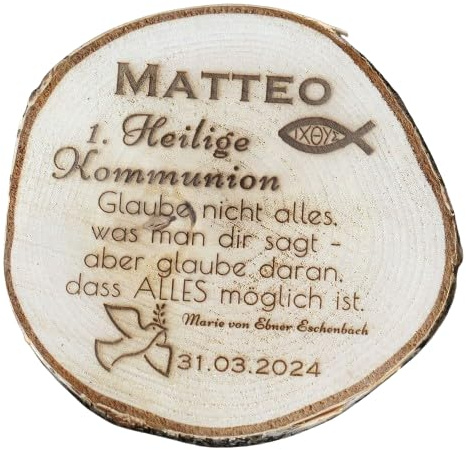 Kommunion Geschenk Patenkind Baumscheibe mit eigenem Text Taufe Konfirmation Holzscheibe Gravur besondere christliche Geschenkidee Geburt