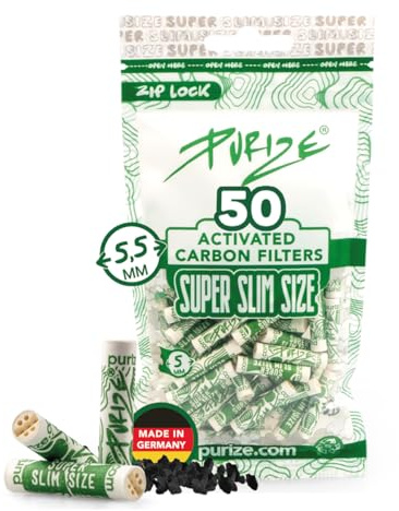 PURIZE® SUPER Slim Size Aktivkohlefilter ø 5,5 mm – 50er Pack - Weiß | Aktivkohle auf Kokosnuss-Basis, extraschlankes Design, Keramikkappen beidseitig, wiederverschließbar, Made in Germany