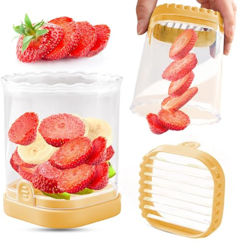 Coupe à fruits – Coupe-fraise, banane, œuf, coupe fruits amovible avec plaque de poussée, gadget de cuisine créatif (jaune)