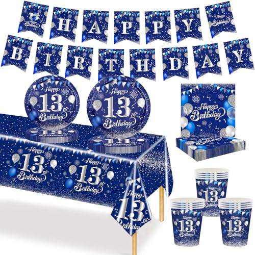 MORAINJAY 70-teiliges Geschirr-Set zum 13. Geburtstag Marineblau, PapieBecher, Teller, Servietten, Papierbanner Tischdekoration und Partyzubehör für Jungen und Mädchen