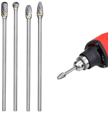 GIONAR 4Pcs Carbide Burr Set, Tungsten Die Grinder Bits, 145-154mm Extra Long Wood Carving Bits, 1/4 Shank Engraving Bits, Rotary Tool Bits for Metal Wood Mould Engraving, Polishing,Deburring
