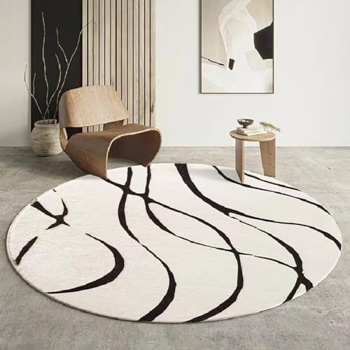 Freyamy Teppich Rund 160cm Weiß Schwarz Streifen Linie Teppiche Modern Designer für Wohnzimmer Outdoor Teppich Rund Dekorative Schlafzimmer Kurzer Plüsch Terrassen Runder Haustierteppich