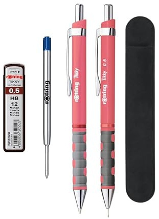rOtring Tikky Pastell-Kugelschreiber und Druckbleistift, blaue Tinte (M), HB 0,5 mm, Teerosen-Fässer, Samt-Federmäppchen + blaue Stiftmine und HB 0,5 mm Bleistiftminen