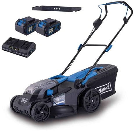 Scheppach Akku-Rasenmäher BC-MP430-X 20V Brushless | 43cm Schnittbreite | für 600-700 m2 | Schnitthöhenverstellung von 25–75mm | 50L Korb | Mulcheinsatz | mit 2X 4Ah Akku, Doppelladegerät & Messer