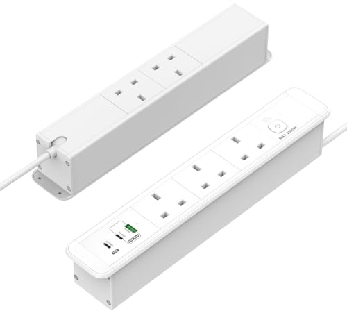 Double Side Recessed Power Strip with USB C PD 65W | BQO Desk Power Strip with 3 Outlets and 3 USB,Desk Extension Lead with Overload Switch,1.8m Cable