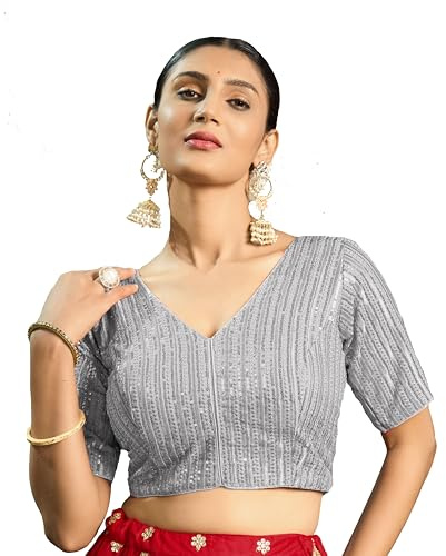 Pujia Mills Women's Indian Ethnic Wear Silver Sequence & Embroidered Deep V Neck Half Sleeve Padded Saree Blouse