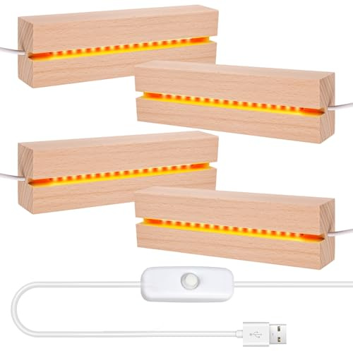 BORDEAG Lot de 4 bases en bois LED rectangulaires, USB, 15 cm, blanc chaud, élégant support en bois pour verre acrylique, cristal, résine, œuvres d'art