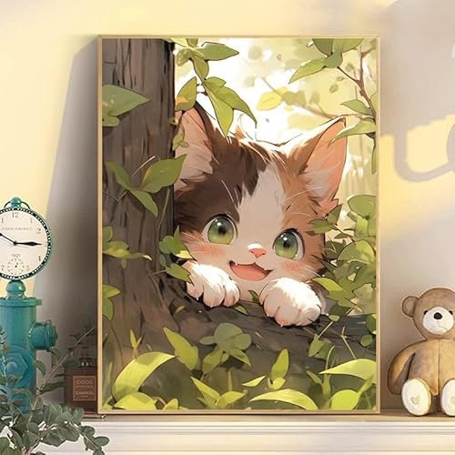 Landschaft Malen Nach Zahlen Erwachsene Bastelset, Paint by Numbers Katze Malen Nach Zahlen Anfänger, DIY Ölgemälde Leinwand Set mit 3 Set Pinsels und Farbe, Zimmer Deko 80x100cm, Geschenk für Frauen