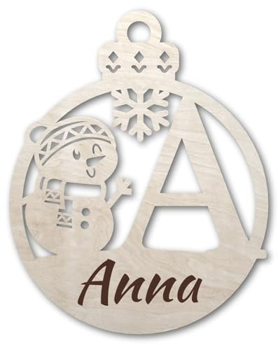 Urhome Weihnachtskugel personalisiert mit Wunschtext Gravur Buchstabe A mit Schneeman Motiv Hell Braun - Ornament Christbaumschmuck Weihnachtsdeko Weihnachtsbaum Anhänger aus 6,5mm Holz