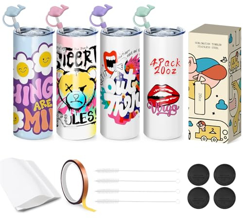 Goanueei Lot de 4 gobelets de sublimation vierges minces et droits en vrac pour transfert de chaleur avec paille et couvercle, film rétractable, film enveloppant, ruban adhésif, 591 ml