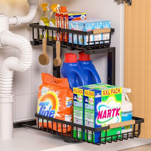 Lot de 1 Organisateurs sous Évier à Double Niveau, Design En L, Hauteur Ajustable 35,5-43,5 cm, Structure en Acier au Carbone Renforcé, Rangement et Organisation pour Cuisine, Salle de Bain, Buanderie