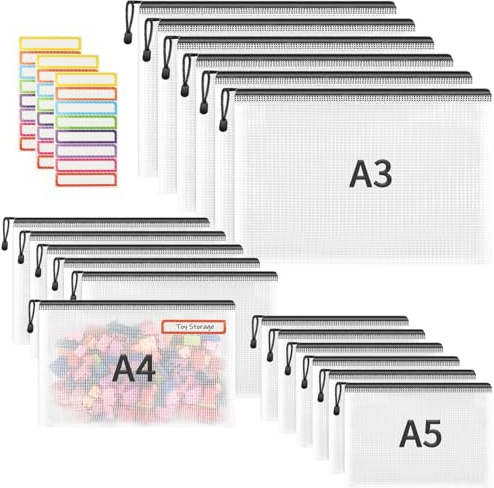 18 Stück Dokumententasche A3+A4+A5, Reißverschluss Taschen mit Etikett | Wasserdichte Mesh-Taschen Kunststoff , Reißverschlusstasche Zipper Tasche für Schule, Büro, Reisen (Schwarz)