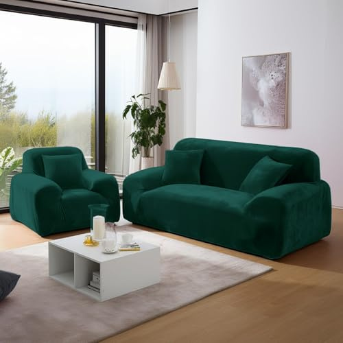 NAKIHOUSE Dicke Samt Sofa Überzug, Sofabezug mit einem Kissenbezug | Superweicher Elastische Rutschfester Couch Überzug für 1/2/3/4 Sitzer（L-förmiges Ecksofa erfordert Zwei),Grün