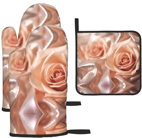 Rose Gold Glitter Print Oven Mitts and Pot Holders Set,Cooking Mitts,Cooking Mitts and Pot Holders,Oven Gloves Set