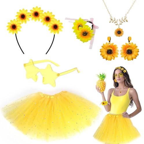 SAIIURV 6 Pcs Women's Sunflower Costume, Tulle Skirt, Sunflower Hair Accessories, Sunflower Dangle Earrings, Necklaces, Bracelets, Sunflower Costume for Carnival Theme Party and Cosplay(Yellow)