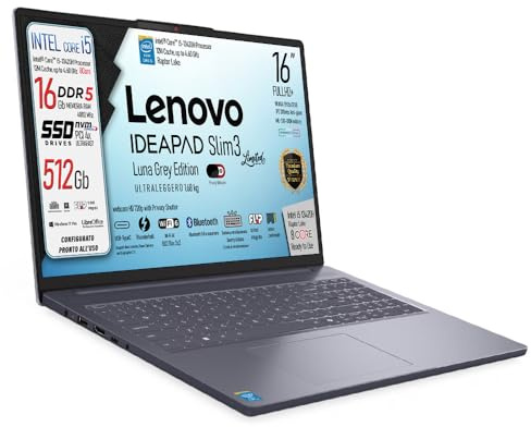 Lenovo Ideapad slim 3, Notebook, i5 13420H 13Th, DDR5 16Gb, Display WUXGA 16 IPS FHD+, SSD da 512Gb, Wi-Fi 6, Bt, USB Thunderbolt, Tastiera retroilluminata, Win11 Pro, Pronto all'Uso