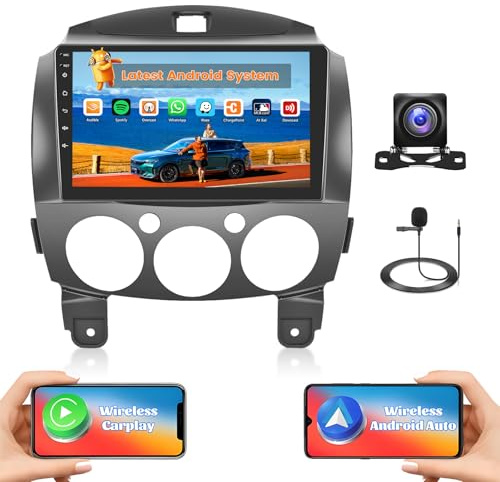 Hikity 2G+64G Autoradio Android 15 für Mazda 2 2007-2014 mit 9-Zoll-Touchscreen, Radio 2 DIN mit Wireless Carplay Android Auto RDS/FM-Radio BT GPS WiFi+Rückfahrkamera+MIC