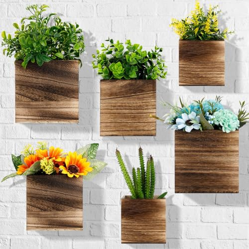 Ziliny Lot de 6 pots de fleurs muraux en bois rustique à suspendre pour plantes, fleurs séchées, plantes artificielles pour intérieur, salon, chambre à coucher, ferme, décoration d'intérieur (3