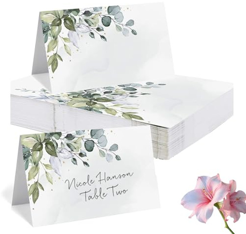 50 tarjetas de mesa de boda, 9 cm x 5 cm, tarjetas de nombre, tarjetas de lugar para cumpleaños, confirmación, comunión, bautizo, celebración, etc. Decoración de mesa (eucalipto)