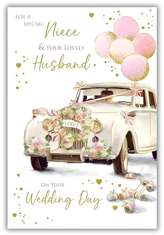 Paper Rose Hochzeitskarte für Nichte und Ehemann – Oldtimer mit Luftballons und Blumen-Design – Hochzeits-Glückwunschkarte für ein besonderes Paar – Folien-Finish
