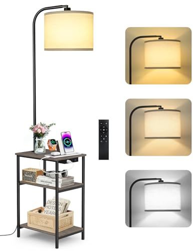 OUTONLIFE Lampada da Terra con Tavolino e Mensola, Dimmerabile LED con Telecomando, 3 Temperature Colore, Tavolino con Stazione di ricarica, Comodino in Legno per Soggiorno, Camera da Letto, Ufficio