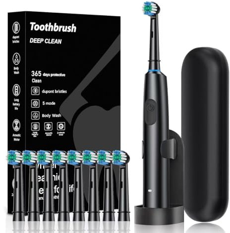 Cepillo de dientes eléctrico giratorio con suspensión magnética, 5 modos de limpieza sónica impermeable, 8 cabezales de cepillo y funda de transporte, adecuado para niños y adultos, viajes, camping