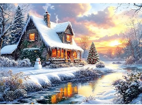 DAERLE Diamond Painting Erwachsene, Verschneite Weihnachten, Diamant Painting Bilder, Schönes Winterhaus, Diamond Painting Kits, 5D Diamant Malerei Set für für Home Wand Décor 40x30cm