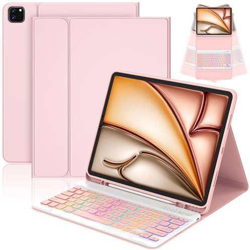 CC Store Hülle mit Tastatur für iPad Air 13 Zoll M3 2025/M2 2024, iPad Pro 12.9 Zoll 6/5/4/3 Gen, Magnetisch Abnehmen Bluetooth Tastatur mit 7-Farb-Beleuchtung & Pencil Stifthalter, QWERTZ Layout