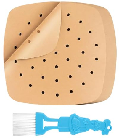 YUVKIN 100 Fogli Usa e Getta Quadrati Perforati Antiaderenti Carta da Forno per Friggitrice ad Aria Cottura Senza Olio con 1 Spazzola per Pulizia (20,5×20,5cm)