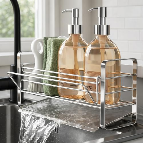 BANJEKT Spülbecken Organizer, Spüle Organizer für Küche, Sink Organizer mit Abflusswanne & Handtuchhalter, Schwammhalter Spülbecken aus Edelstahl, Waschbecken Organizer Küche für Arbeitsplatte Silber