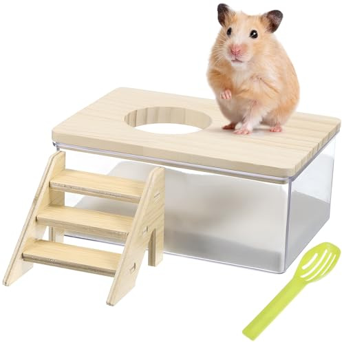 MUELODSIC Set Bagno di Polvere Facile da Pulire per Criceti e Cincillà e Pala Verde con Scala in Legno per Case e Negozi di Animali