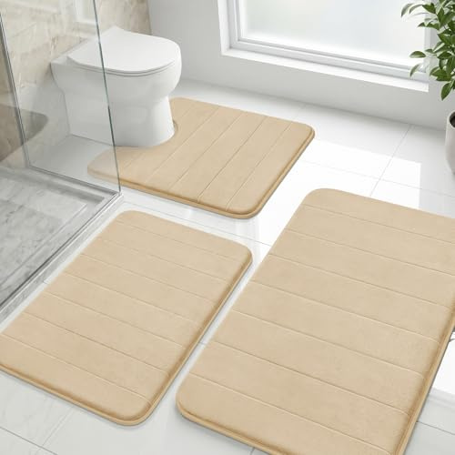 wiipara Badezimmerteppich Set 3 Teilig aus Memory Schaum, Weiche Badematten und U Förmige WC Vorleger mit Ausschnitt, Extrem Saugfähig & rutschfest, Badteppich Waschbar Badvorleger Set Beige