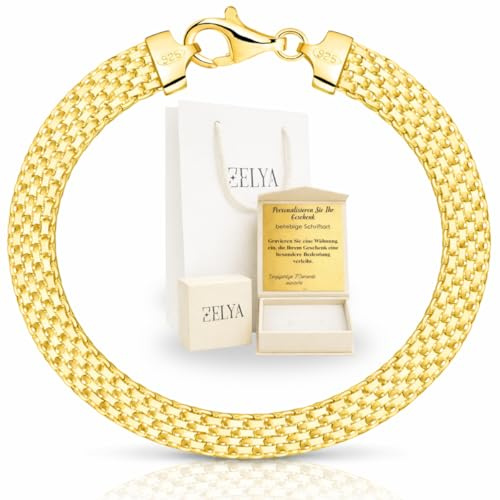 ZELYA Damen Armband vergoldet Silber 925/585 – Bismarckkette breite von 3 bis 9 mm, erschiedene Längen, Gravur möglich, Schmuck Geschenk, Gold Armband Bismarck Stil- Bismarckmuster